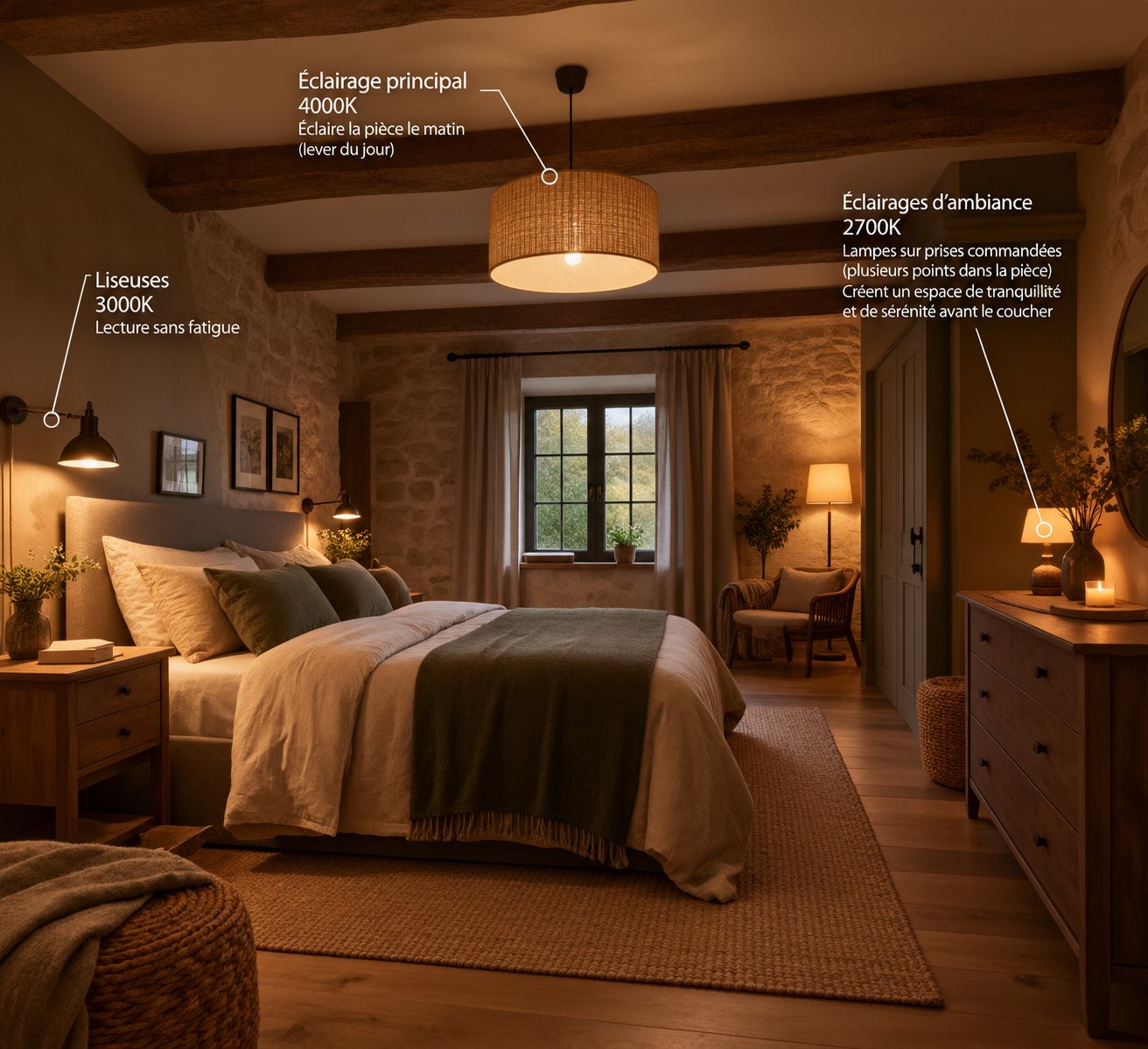 Éclairage de chambre : suspension 4000K pour le matin, liseuses 3000K, lampes d'ambiance 2700K sur prises commandées — électricien spécialiste de l'éclairage à Angers