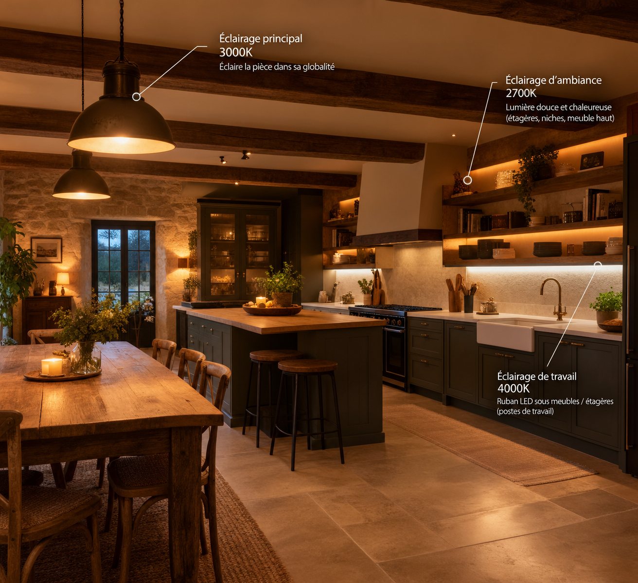 Éclairage de cuisine dans une maison ancienne en pierre : suspensions 3000K, éclairage d'ambiance 2700K sur étagères, ruban LED 4000K sous meubles — conception par un électricien à Seiches-sur-le-Loir